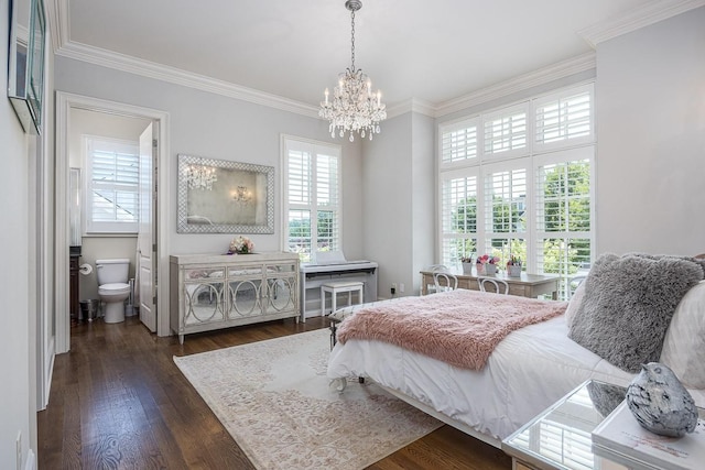7216 Wildings Blvd, College Grove, TN 37046 - bedroom featuring a chandelier, crown molding, dark wood-type flooring, and connected bathroom