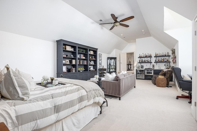 7216 Wildings Blvd, College Grove, TN 37046 - bedroom with a bar, light carpet, a ceiling fan, and high vaulted ceiling