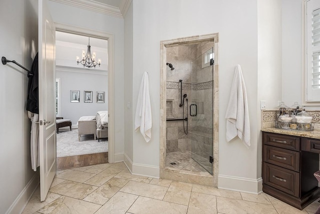 7216 Wildings Blvd, College Grove, TN 37046 - bathroom with ornamental molding, a stall shower, ensuite bath, vanity, and a chandelier