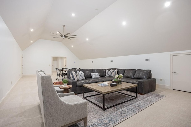 7216 Wildings Blvd, College Grove, TN 37046 - living room with light carpet, vaulted ceiling, a ceiling fan, and recessed lighting