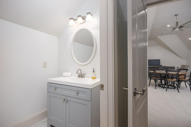 7216 Wildings Blvd, College Grove, TN 37046 - bathroom with lofted ceiling, vanity, and ceiling fan