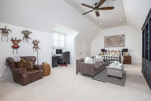 7216 Wildings Blvd, College Grove, TN 37046 - carpeted living area featuring vaulted ceiling, a desk, a ceiling fan, and recessed lighting