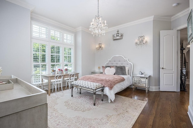 7216 Wildings Blvd, College Grove, TN 37046 - bedroom featuring dark wood-style floors, ornamental molding, and a chandelier