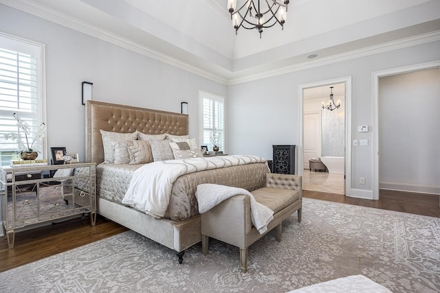 7216 Wildings Blvd, College Grove, TN 37046 - bedroom with a chandelier, wood finished floors, ensuite bath, crown molding, and a high ceiling
