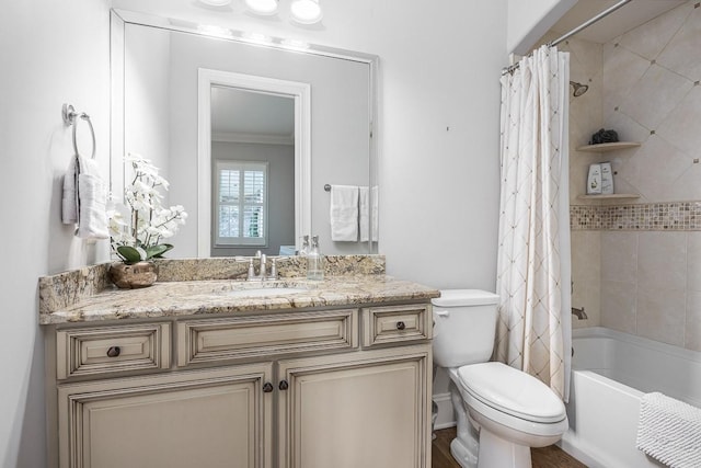 7216 Wildings Blvd, College Grove, TN 37046 - bathroom featuring vanity, crown molding, and shower / bath combo with shower curtain