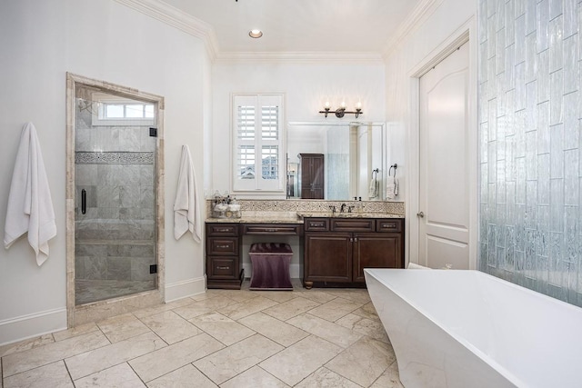 7216 Wildings Blvd, College Grove, TN 37046 - bathroom with a freestanding bath, vanity, a shower stall, plenty of natural light, and crown molding