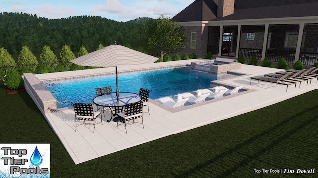 7216 Wildings Blvd, College Grove, TN 37046 - view of pool featuring a patio, a wooded view, and a pool with connected hot tub