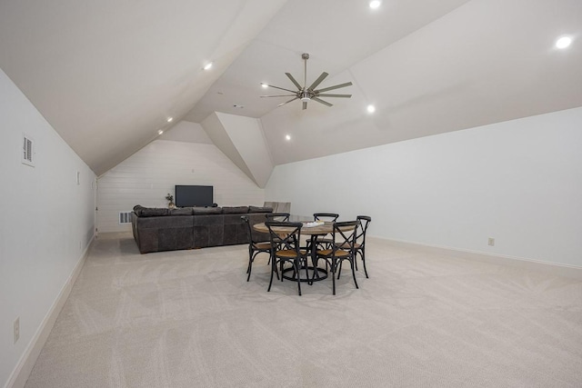 7216 Wildings Blvd, College Grove, TN 37046 - dining room with light carpet, vaulted ceiling, recessed lighting, and a ceiling fan
