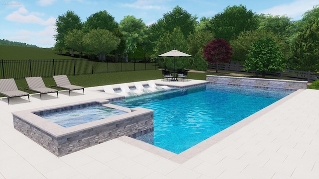 7216 Wildings Blvd, College Grove, TN 37046 - view of swimming pool featuring a patio, a fenced backyard, and a pool with connected hot tub