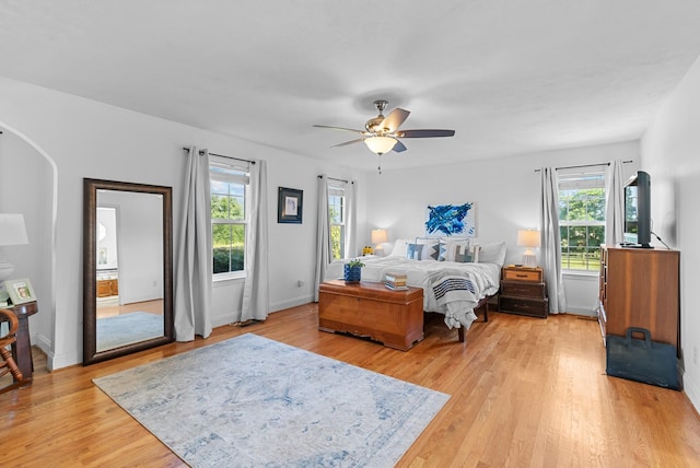 3406 Parks Ln, Spring Hill, TN 37174 - bedroom featuring multiple windows, light wood-style flooring, arched walkways, and a ceiling fan