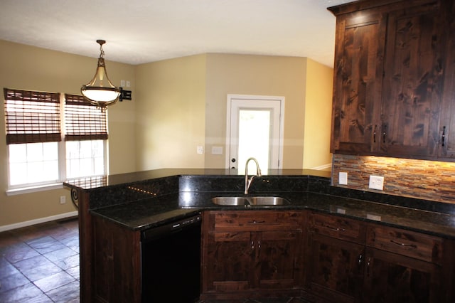 1102 Fairways, Lebanon, TN 37087 - kitchen with dishwasher, dark stone counters, a peninsula, hanging light fixtures, and backsplash