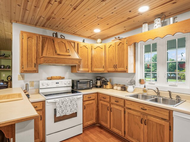 43 Shady Cove Ct, Estill Springs, TN 37330 - kitchen featuring white appliances, wood ceiling, custom exhaust hood, light countertops, and recessed lighting