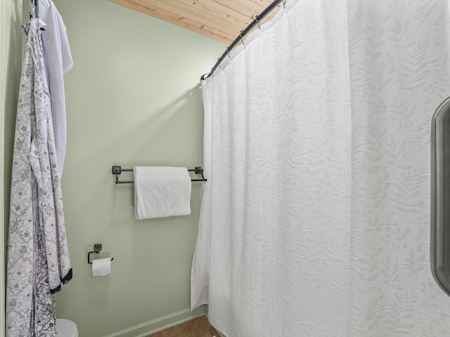 43 Shady Cove Ct, Estill Springs, TN 37330 - full bath with wooden ceiling, lofted ceiling, and a shower with shower curtain