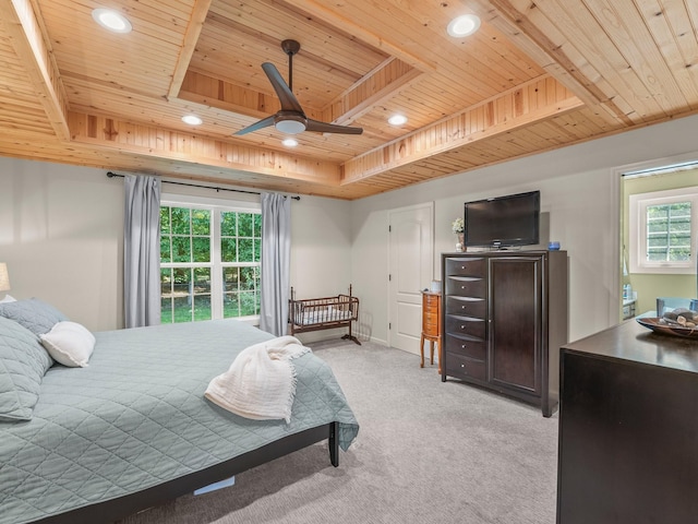 43 Shady Cove Ct, Estill Springs, TN 37330 - bedroom featuring wood ceiling, a tray ceiling, recessed lighting, light colored carpet, and multiple windows