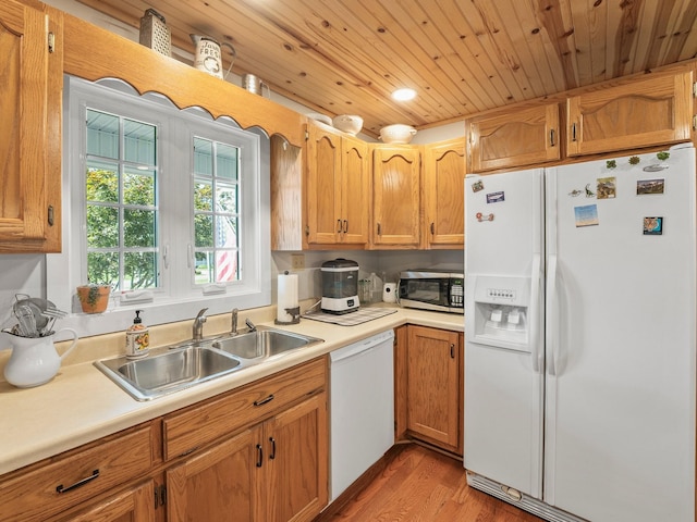 43 Shady Cove Ct, Estill Springs, TN 37330 - kitchen featuring white appliances, wood ceiling, light wood-style flooring, light countertops, and recessed lighting