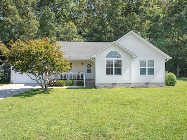 43 Shady Cove Ct, Estill Springs, TN 37330 - ranch-style house with crawl space, covered porch, driveway, a front lawn, and a garage