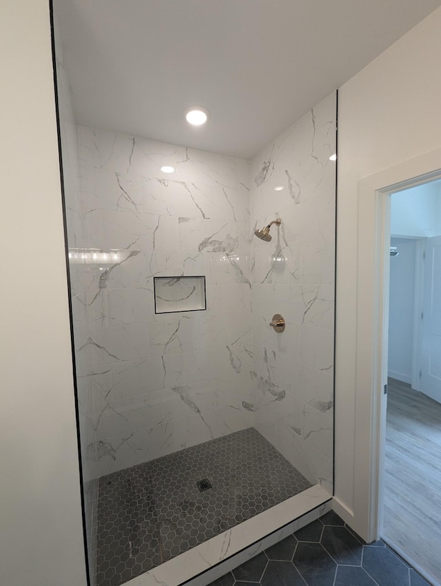 28 Amos Cir, Lafayette, TN 37083 - bathroom with a marble finish shower, tile patterned flooring, and recessed lighting