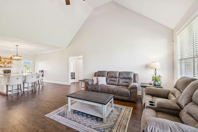 1361 Neil Rd, Chapel Hill, TN 37034 - living area featuring high vaulted ceiling, dark wood-style flooring, ceiling fan, and a chandelier