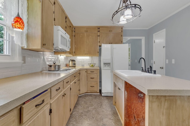 5347 Shady Grove Rd, Morrison, TN 37357 - kitchen with white appliances, light brown cabinets, tasteful backsplash, and crown molding