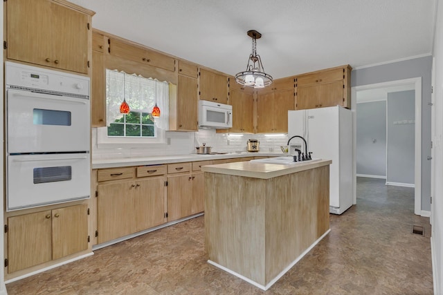 5347 Shady Grove Rd, Morrison, TN 37357 - kitchen featuring white appliances, light countertops, tasteful backsplash, crown molding, and an island with sink