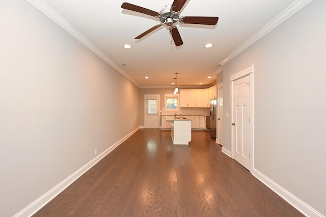 1019 N Maple St Unit 2D, Murfreesboro, TN 37130 - unfurnished living room with recessed lighting, ceiling fan, dark wood finished floors, and ornamental molding