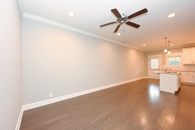 1019 N Maple St Unit 2D, Murfreesboro, TN 37130 - unfurnished living room with recessed lighting, a ceiling fan, crown molding, and dark wood finished floors
