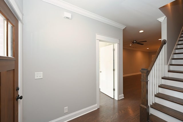 1019 N Maple St Unit 2D, Murfreesboro, TN 37130 - foyer featuring ornamental molding, recessed lighting, stairway, dark wood-style floors, and ceiling fan