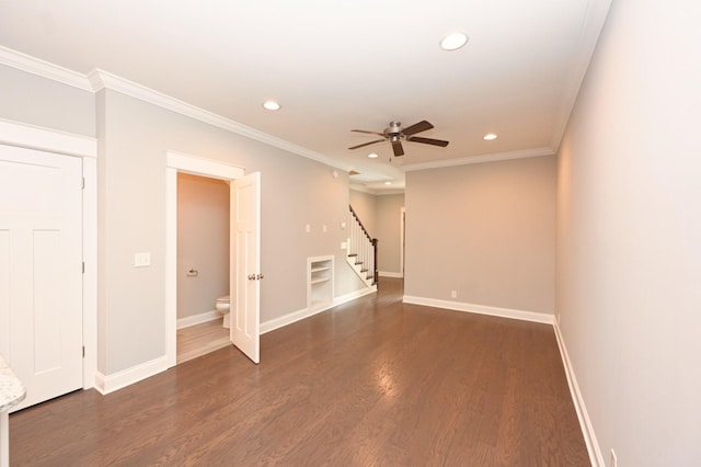 1019 N Maple St Unit 2D, Murfreesboro, TN 37130 - spare room with recessed lighting, a ceiling fan, stairs, wood finished floors, and ornamental molding
