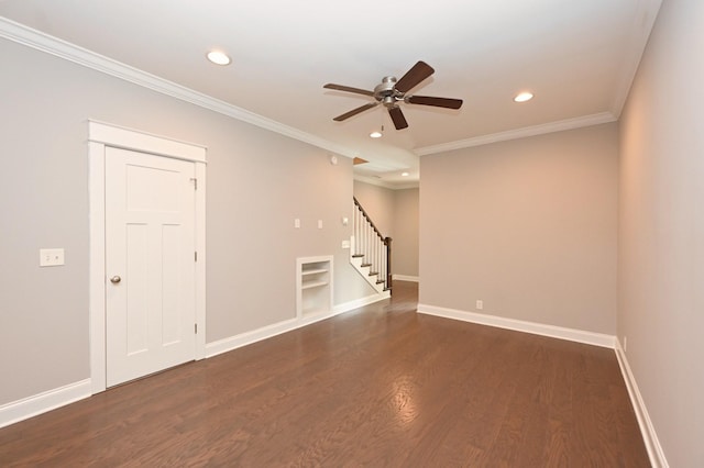 1019 N Maple St Unit 2D, Murfreesboro, TN 37130 - spare room with recessed lighting, ceiling fan, dark wood-style floors, stairway, and crown molding
