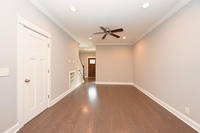 1019 N Maple St Unit 2D, Murfreesboro, TN 37130 - unfurnished room featuring recessed lighting, a ceiling fan, dark wood finished floors, stairs, and crown molding