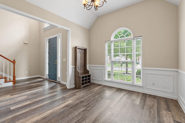 4061 Locerbie Cir, Spring Hill, TN 37174 - entryway with stairway, wood finished floors, wainscoting, a chandelier, and vaulted ceiling