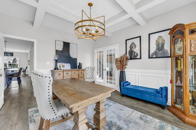 329 Clarabelle Ln, Clarksville, TN 37040 - dining area featuring coffered ceiling, french doors, a chandelier, beamed ceiling, and wood finished floors