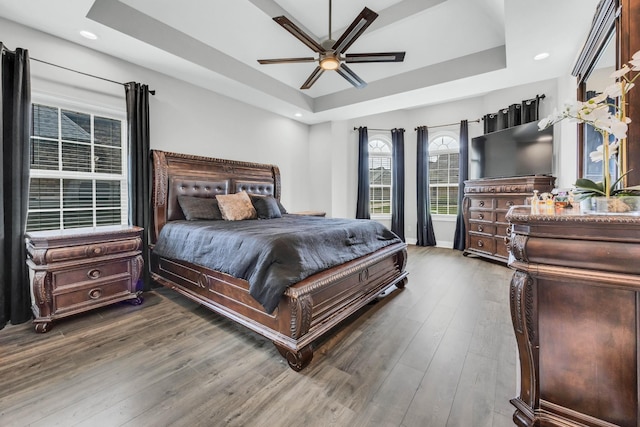 329 Clarabelle Ln, Clarksville, TN 37040 - bedroom featuring a raised ceiling, dark wood-type flooring, ceiling fan, and recessed lighting