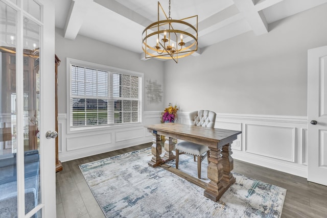 329 Clarabelle Ln, Clarksville, TN 37040 - office featuring beam ceiling, a chandelier, dark wood-style flooring, wainscoting, and coffered ceiling
