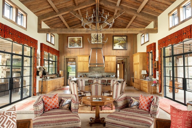 6971 W Cove Rd, Chickamauga, GA 30707 - living area featuring high vaulted ceiling, a chandelier, a wood ceiling with exposed beams, and wooden walls