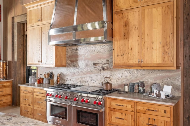 6971 W Cove Rd, Chickamauga, GA 30707 - kitchen featuring double oven range, custom range hood, tasteful backsplash, and light countertops