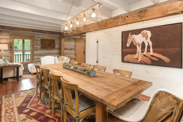 1170 Ascalon Rd, Rising Fawn, GA 30738 - dining room with beamed ceiling, hardwood / wood-style floors, and wood walls