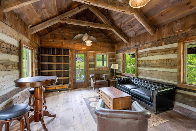 1170 Ascalon Rd, Rising Fawn, GA 30738 - living room with wooden walls, a wooden ceiling with exposed beams, plenty of natural light, hardwood / wood-style floors, and high vaulted ceiling