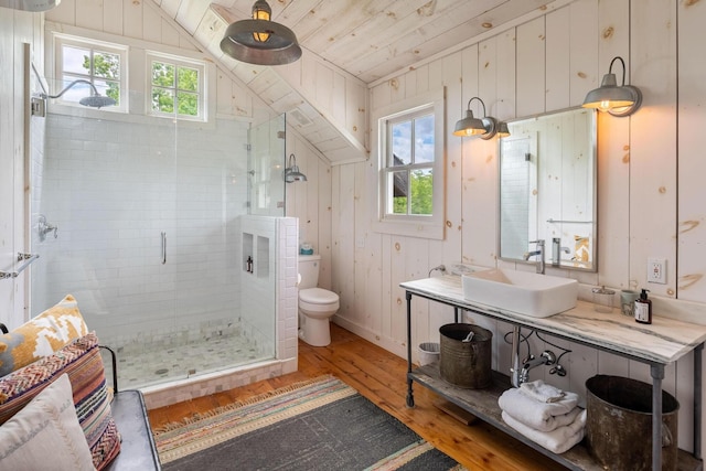 1170 Ascalon Rd, Rising Fawn, GA 30738 - full bathroom with hardwood / wood-style floors, a shower stall, vaulted ceiling, wood ceiling, and vanity