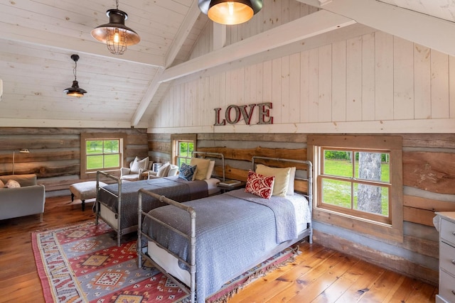 1170 Ascalon Rd, Rising Fawn, GA 30738 - bedroom with wood-type flooring, a wood ceiling with exposed beams, rustic walls, high vaulted ceiling, and wood walls