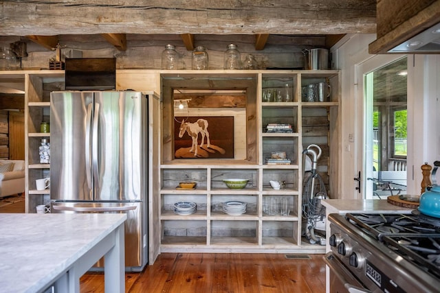 1170 Ascalon Rd, Rising Fawn, GA 30738 - kitchen featuring stainless steel appliances, dark wood-type flooring, and beamed ceiling