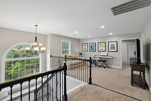 1209 Firth Ct, Franklin, TN 37067 - hall with an upstairs landing, carpet floors, a chandelier, and recessed lighting