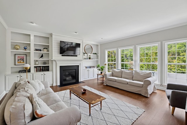 1209 Firth Ct, Franklin, TN 37067 - living room featuring crown molding, healthy amount of natural light, wood finished floors, and a fireplace with flush hearth