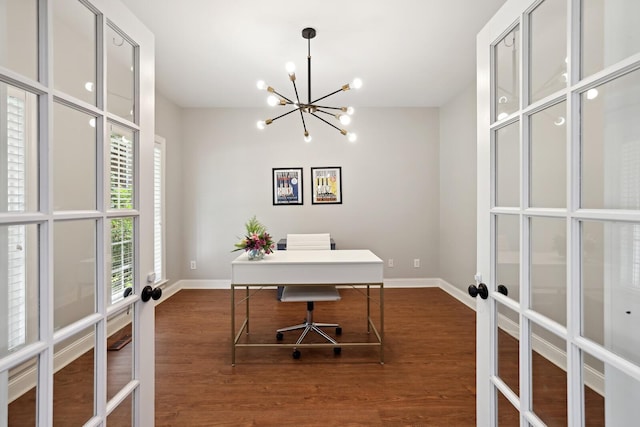 1209 Firth Ct, Franklin, TN 37067 - office area featuring french doors, a chandelier, and wood finished floors