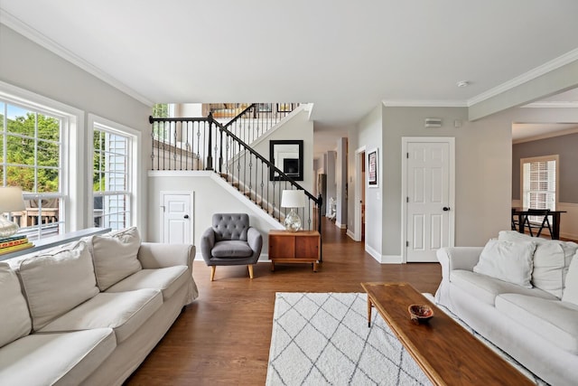 1209 Firth Ct, Franklin, TN 37067 - living room with dark wood-type flooring, crown molding, and stairway