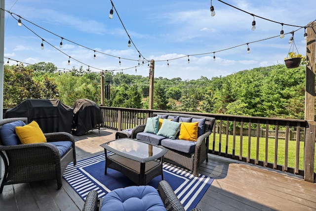 1209 Firth Ct, Franklin, TN 37067 - deck featuring outdoor lounge area, a yard, area for grilling, and a view of trees