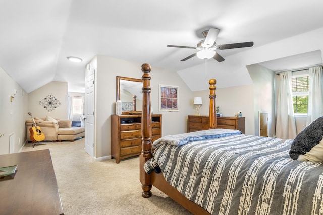 423 Adeline Dr, Smyrna, TN 37167 - bedroom featuring light colored carpet, lofted ceiling, and a ceiling fan