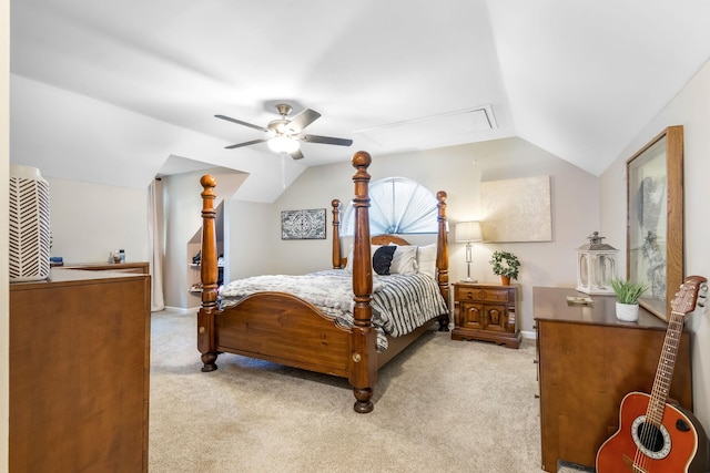 423 Adeline Dr, Smyrna, TN 37167 - bedroom with attic access, light carpet, lofted ceiling, and a ceiling fan