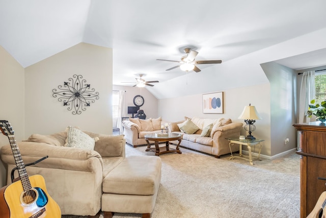 423 Adeline Dr, Smyrna, TN 37167 - living area featuring vaulted ceiling, a ceiling fan, and carpet flooring