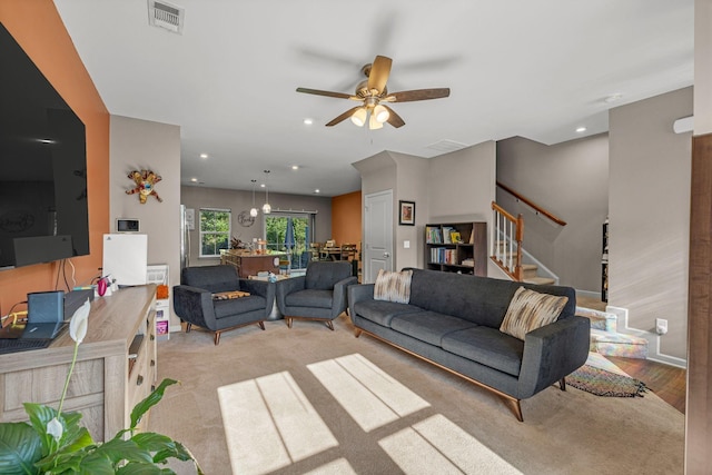 4316 Summercrest Blvd Unit 1020, Antioch, TN 37013 - living room featuring a ceiling fan, stairs, light wood-type flooring, and recessed lighting